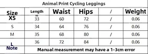 Size chart for animal print cycling leggings with measurements for XS to L sizes