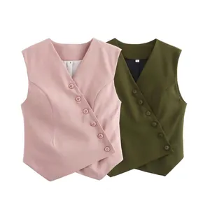 Women Summer Asymmetric V Neck Suit Waistcoat Sleeveless Button Up Slim Fit Streetwear Fashion Polyester Office Vest