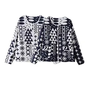 Veste Rembourrée Réversible pour Femme avec Imprimé Géométrique Col Rond Manches Longues Simple Boutonnage Manteau en Polyester