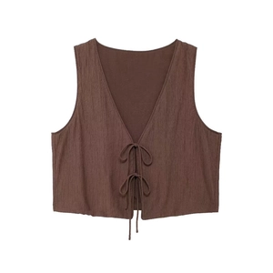 Brown textured V-neck tie-front crop vest top and skirt set for women's summer fashion