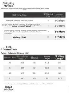 Size guide for women's long sleeve polyester shirt with detailed measurements from XS to L