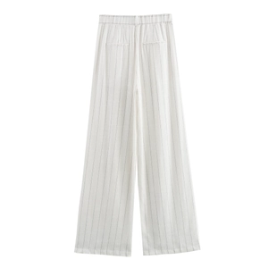 Pantaloni in lino a righe bianche a vita alta con elastico e tasche a filo sul retro