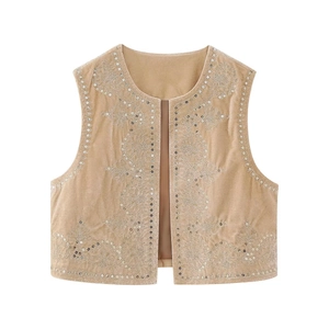 Women's velvet vest with sequins and floral embroidery in camel brown on white background