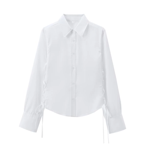 Women's classic white long-sleeve shirt with adjustable side drawstring and turn-down collar
