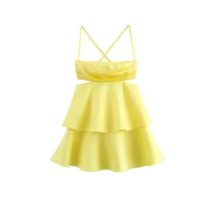 Women Summer Satin Strap Dress Sexy Backless Hollow Out Yellow Mini A-Line Dress For Vacation Party Street Fashion Clothes