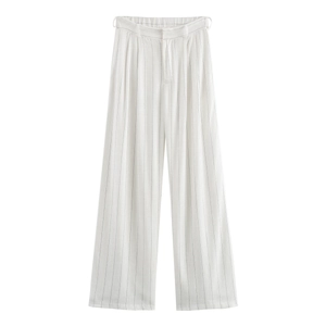 Pantaloni estivi da donna in cotone e lino a gamba larga gessati stile minimalista