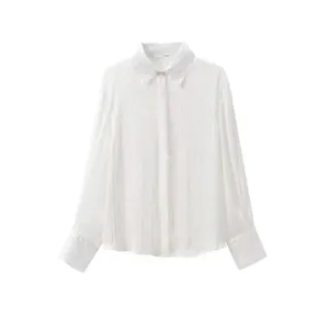 Women Casual Long Sleeve Blouse Elegant Solid White Button Up Lapel Shirt With Vertical Stripes Texture Office Tops