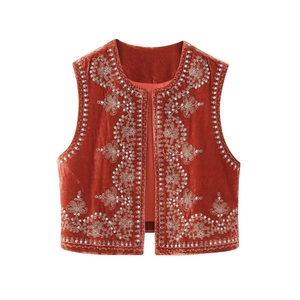 Vintage velvet vest for women with silver floral embroidery and sequins in brick red