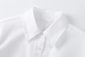 Detail view of the white long-sleeve shirt sharp collar and button closure with size tag