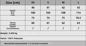 Detailed size chart for women double-breasted blazer including measurements and fabric info
