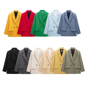 Detailed grid view showcasing 11 vibrant color options for the double-breasted blazer