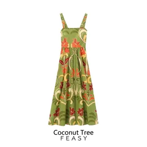Robe Maxi Pour Femmes Imprimé Floral Tropical Sans Manches Col Carré Ligne A Robe de Plage d'Été en Polyester