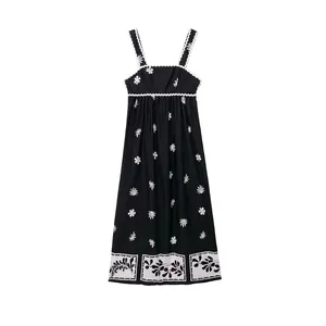 Robe Maxi Fleurie Vintage d'Été pour Femmes Noir Blanc Imprimé Marguerite Bordure Festonnée Sans Manches Nœud au Dos