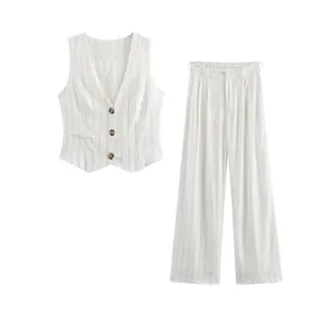 Donna Completo Gessato in Cotone Lino Gilet e Pantaloni a Gamba Larga Elegante Scollo a V Monopetto Senza Maniche