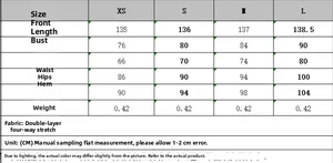 Size chart for women's halter neck buckle dress with measurements for XS to L in CM