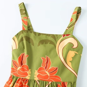 Robe midi d'été pour femme avec feuilles de palmier vertes et motifs orange vifs