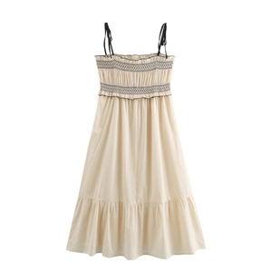 Women's summer beige smocked midi dress with black straps and geometric embroidery details
