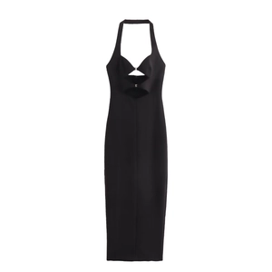Sleeveless halter neck midi dress in black with cutout and metal buckle detail