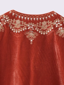 Detail of red-brown velvet top featuring intricate gold floral embroidery and silver sequins