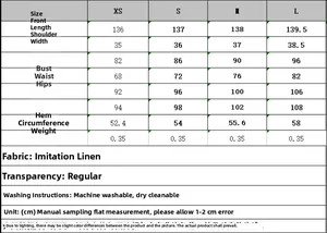 Detailed size chart with XS to L dimensions for the linen-like summer buckle dress
