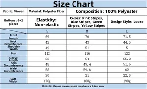 Size chart showing measurements for striped loose-fit long sleeve polyester shirts