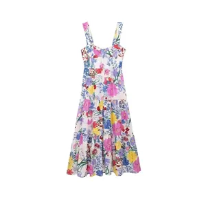 Abito Lungo da Donna con Stampa Floreale Scollo a Cuore Abito Estivo a Balze Senza Maniche a Vita Alta Stile Boho