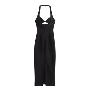 Elegant black halter dress with back cutout and high slit design on white background