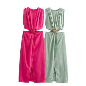 Detail of waist cut-out design with circular wooden ring on sleeveless midi dresses