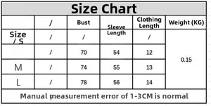 Detailed size chart for women's long sleeve crop top with bust and sleeve measurements