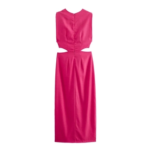 Detail view of fuchsia sleeveless midi dress showing side cutouts and fabric texture