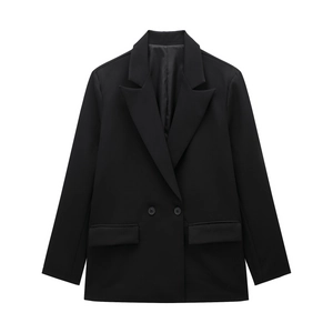 Detailed view of women's black double-breasted blazer with notch lapel and flap pockets