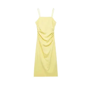 Elegant Ruched Cami Midi Dress For Women Sleeveless Square Neck Back Slit Slim Fit Pale Yellow Summer Sexy Bodycon Dress