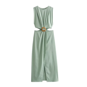 Elegant mint green sleeveless cut-out maxi dress with waist ring buckle detail