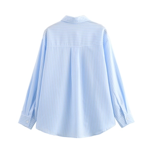 Back view of striped casual shirt showing the pleated yoke and curved hem detail