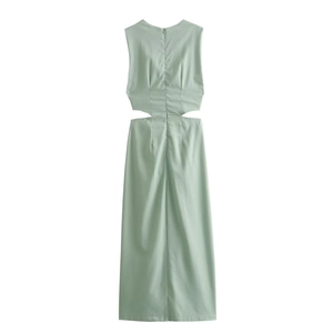 Sage green sleeveless maxi dress with waist cut-out design and back zipper closure