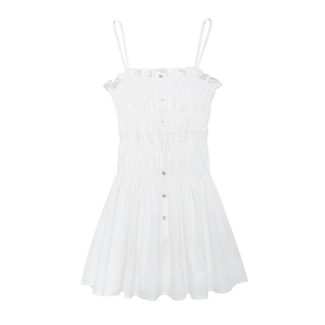 White sleeveless mini dress with ruched bodice and faux pearl button accents