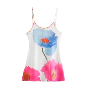 Detailed floral print on a white summer dress with blue and pink flower patterns