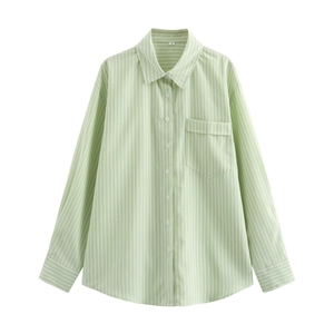 Light green long-sleeved striped shirt with collar, front buttons and chest pocket