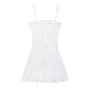 Sleeveless white mini dress with smocked bodice and ruffled neckline detail
