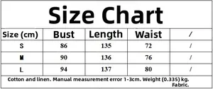 Size chart for women's cotton linen dress showing bust length and waist measurements