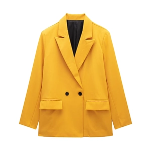 Women's bright yellow double-breasted blazer with black buttons and flap pockets