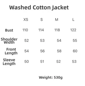 Detailed size guide for women's washed cotton jacket with measurements from XS to L