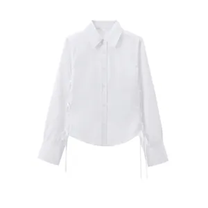 Women Casual White Long Sleeve Blouse Turn-down Collar Button Down Shirt With Side Drawstring Waist Tie Detail Tops