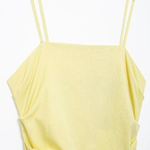 Women's summer light yellow square neck midi dress with double spaghetti straps and texture