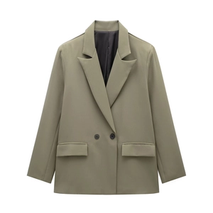 Relaxed fit sage green double-breasted women's blazer with classic notched lapels and pockets