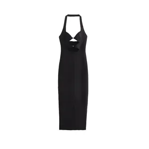 Elegant Sleeveless Halter Neck Cutout Midi Dress For Women Slim Fit Bodycon Evening Party Long Dress Solid Color