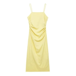 Women's summer light yellow midi slip dress with side ruching and square neckline