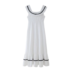White sleeveless cotton linen dress with large collar and black wave trim for women