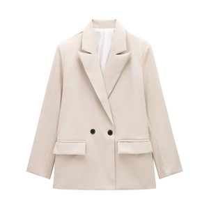 Women's beige double-breasted blazer with sharp lapels and chic black buttons for work