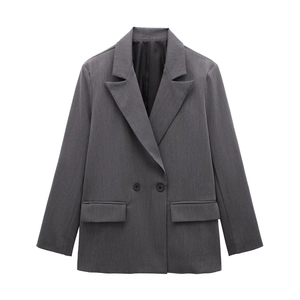 Women's 2024 casual loose gray double-breasted blazer with notch lapel and flap pockets